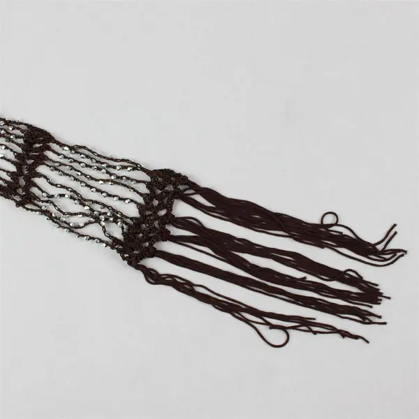 NWT Women's Bijorca Brown Silver Beaded Fringed Openwork Scarf 84"