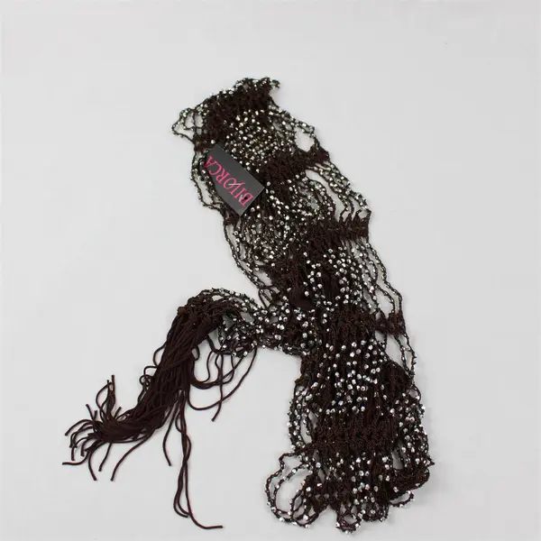 NWT Women's Bijorca Brown Silver Beaded Fringed Openwork Scarf 84"