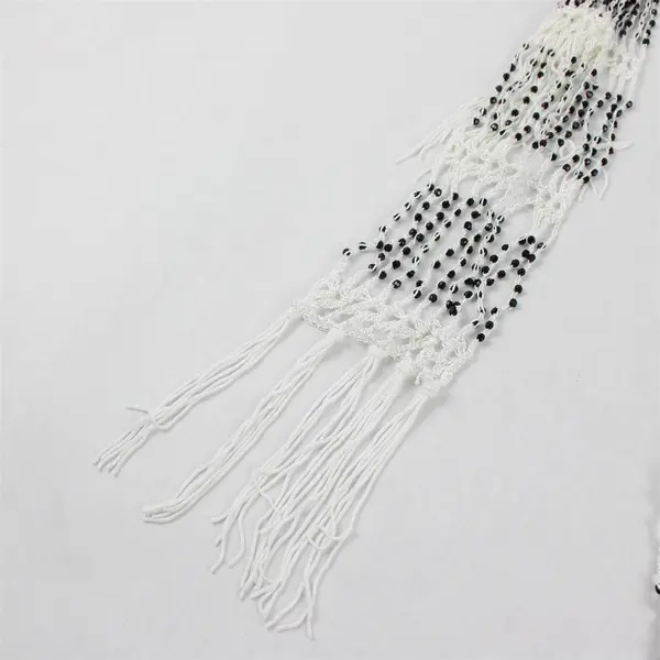 NWT Women's Magic Scarf Company White Openwork Black Beaded Fringed Scarf