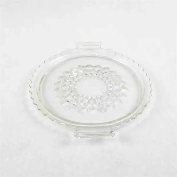 Jeanette Glass Clear Round Cubist Tidbit Handled Tray Sawtooth Edge 8.25"