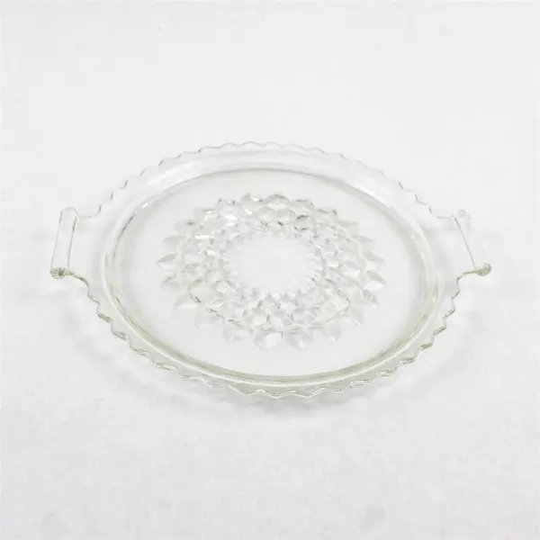Jeanette Glass Clear Round Cubist Tidbit Handled Tray Sawtooth Edge 8.25"