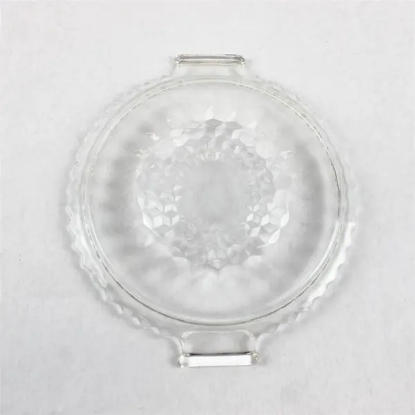 Jeanette Glass Clear Round Cubist Tidbit Handled Tray Sawtooth Edge 8.25"
