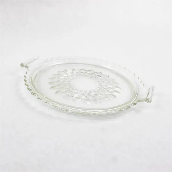 Jeanette Glass Clear Round Cubist Tidbit Handled Tray Sawtooth Edge 8.25"