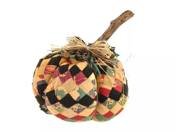 Vintage Plush Stuffed Pumpkin Sculpture 3D Table Floor Deco Patchwork Wood Stem