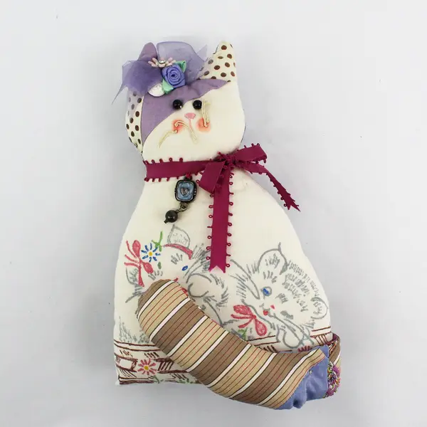 Vintage Handmade Quilted Patchwork Cat-Shaped Stuffed Animal - 9.5" Tall