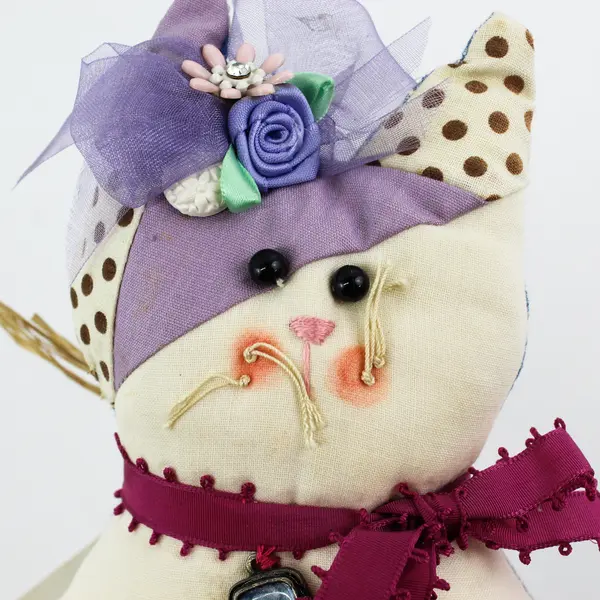 Vintage Handmade Quilted Patchwork Cat-Shaped Stuffed Animal - 9.5" Tall