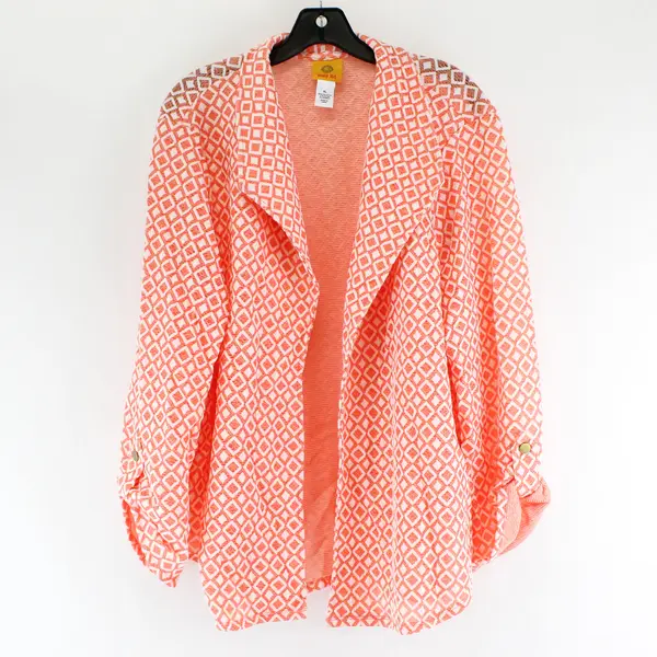Ruby Rd. Women's XL Pink/White Open Front Roll Tab Sleeve Cardigan Sweater