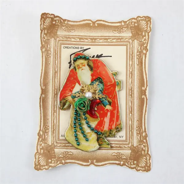 Vintage-Style Frances Santa Brooch w/ Bag & Flowers - New in Packaging