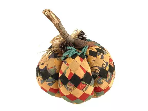 Vintage Plush Stuffed Pumpkin Sculpture 3D Table Floor Deco Patchwork Wood Stem