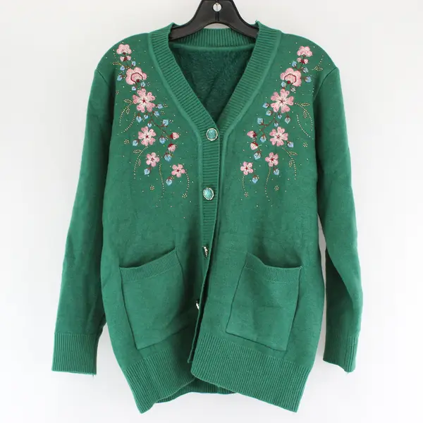 Unbranded Women's M/L Green Faux Fur Lined Embroidered Button Up Cardigan 