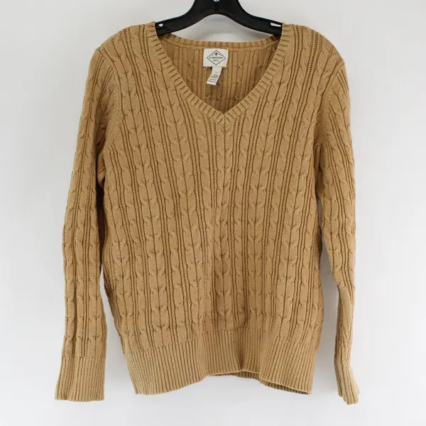 St. Johns Bay Women's L Tan Cable Knit Long Sleeve Cotton Blend Pullover Sweater