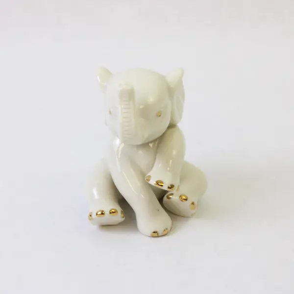 Lenox Porcelain Baby Elephant Figurine Sitting White 24K Gold Trunk Up