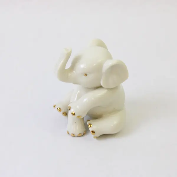 Lenox Porcelain Baby Elephant Figurine Sitting White 24K Gold Trunk Up