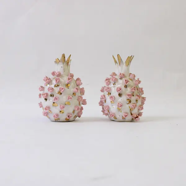 Set of 2 Vintage  Porcelain Salt & Pepper Shakers Pink Flowers Gold Accents
