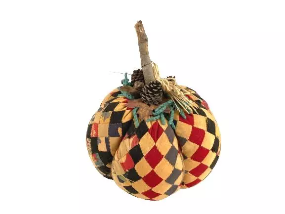 Vintage Plush Stuffed Pumpkin Sculpture 3D Table Floor Deco Patchwork Wood Stem
