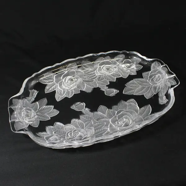 Studio Nova Crystal WINTER ROSE  15.25" Oblong Etched Rose Handled Tray 