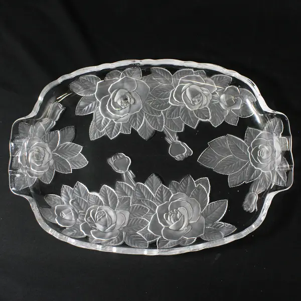 Studio Nova Crystal WINTER ROSE  15.25" Oblong Etched Rose Handled Tray 