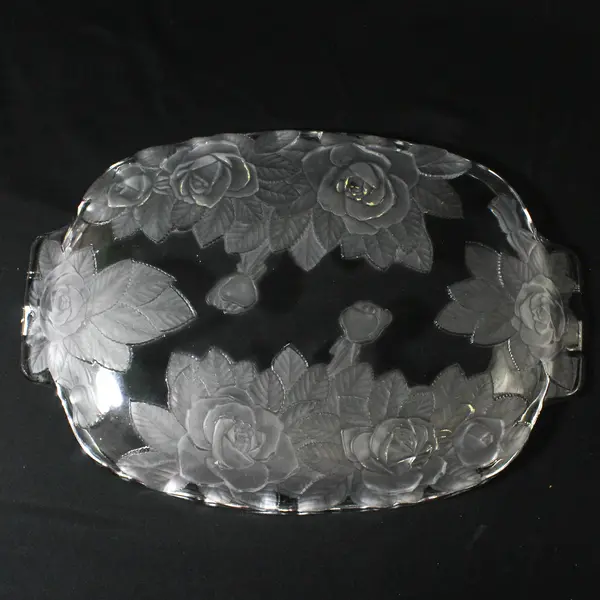 Studio Nova Crystal WINTER ROSE  15.25" Oblong Etched Rose Handled Tray 