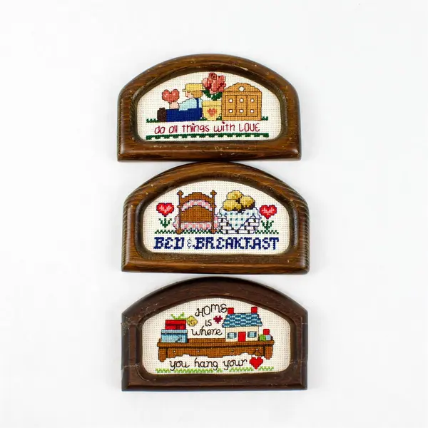 Lot of 3 Vintage Counted Cross Stitch Signs Wood Frames Bed & Breakfast Love