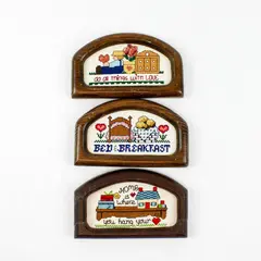 Lot of 3 Vintage Counted Cross Stitch Signs Wood Frames Bed & Breakfast Love