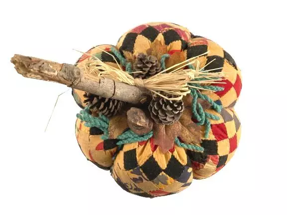 Vintage Plush Stuffed Pumpkin Sculpture 3D Table Floor Deco Patchwork Wood Stem