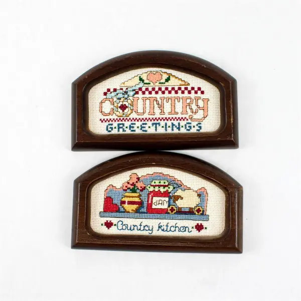 Lot of 2 Vintage Counted Cross Stitch Signs Wood Frames Country Kitchen