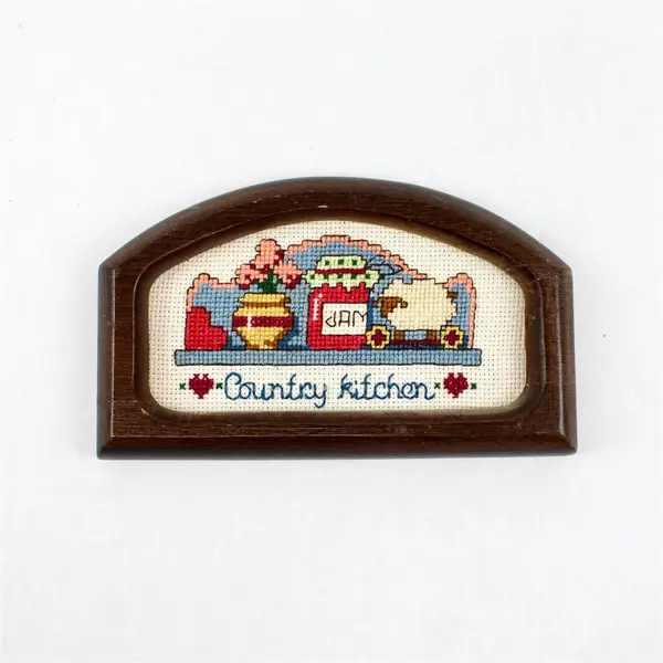 Lot of 2 Vintage Counted Cross Stitch Signs Wood Frames Country Kitchen