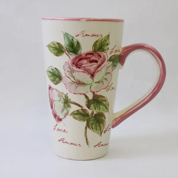 Large White Ceramic Coffee Mug Floral Love 