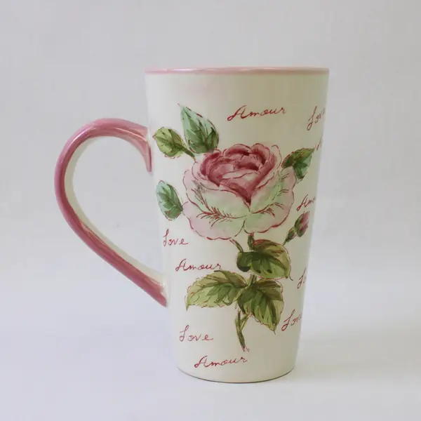 Large White Ceramic Coffee Mug Floral Love 