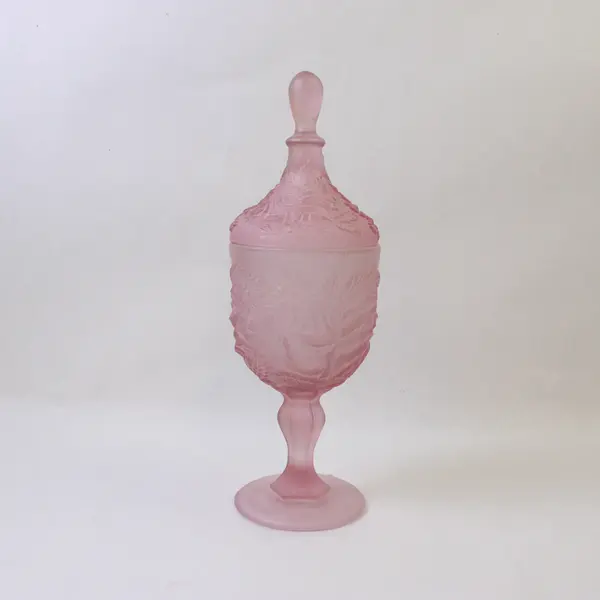 Vintage Pink Frosted Depression Glass Covered Candy Dish