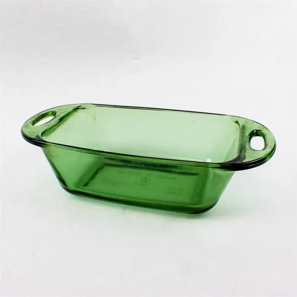 Vintage Anchor Hocking Rectangular Green Clear Glass Loaf Pan 1.5 Qt 5" x 9"