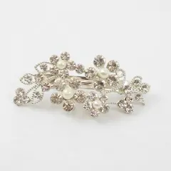 Vintage Faux Stones & Pearls Oval Hair Barrette Clip, Silver Tone