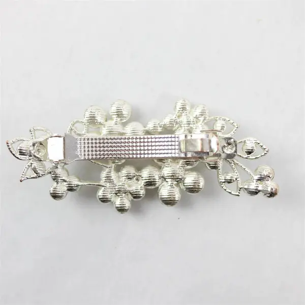 Vintage Faux Stones & Pearls Oval Hair Barrette Clip, Silver Tone