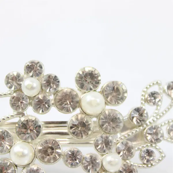Vintage Faux Stones & Pearls Oval Hair Barrette Clip, Silver Tone