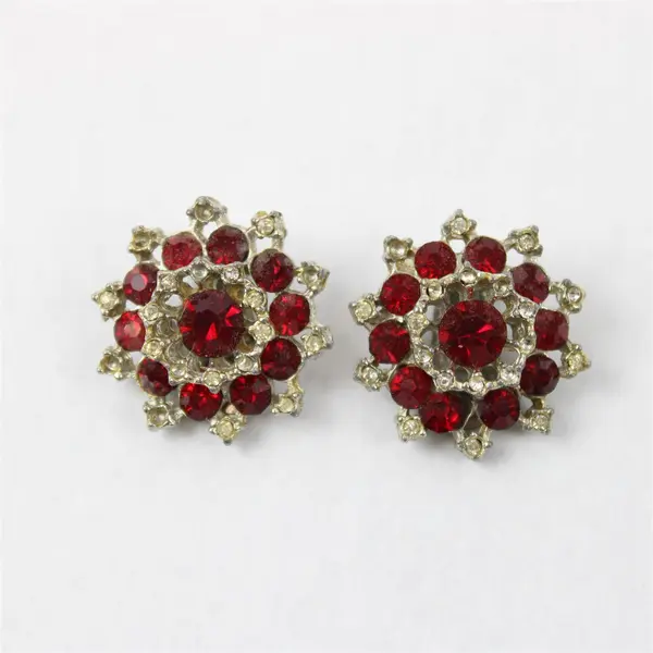 Pair of Vintage Faux Ruby & Diamond Cluster Clip-on Earrings 