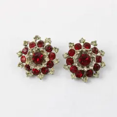 Pair of Vintage Faux Ruby & Diamond Cluster Clip-on Earrings 