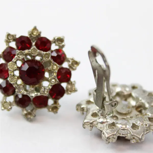 Pair of Vintage Faux Ruby & Diamond Cluster Clip-on Earrings 