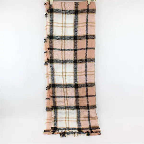 MIXIT Pink Brown Black and White Plaid Fringed Scarf 29" x 80"