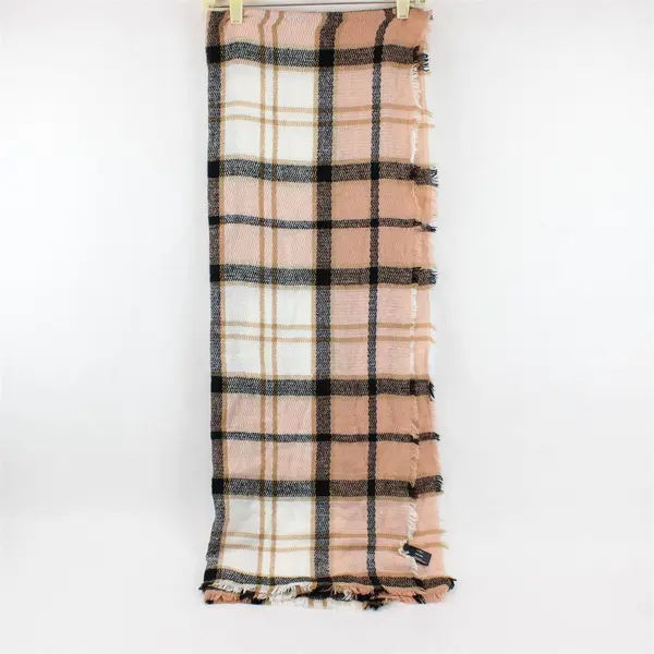 MIXIT Pink Brown Black and White Plaid Fringed Scarf 29" x 80"