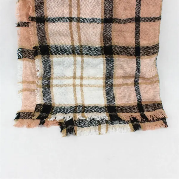 MIXIT Pink Brown Black and White Plaid Fringed Scarf 29" x 80"