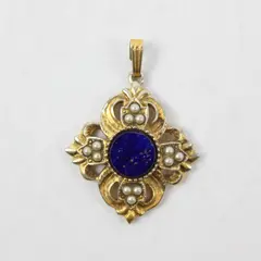 Vintage Dark Blue Faux Lapis Lazuli & Seed Pearl Pendant Gold Colored