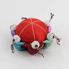 Round Red Chinese Silk Pin Cushion With 6 Children On the Edge 3.5"
