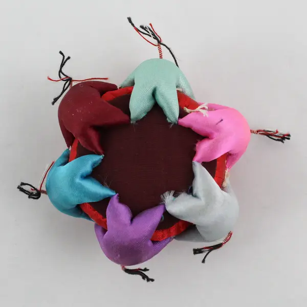 Round Red Chinese Silk Pin Cushion With 6 Children On the Edge 3.5"