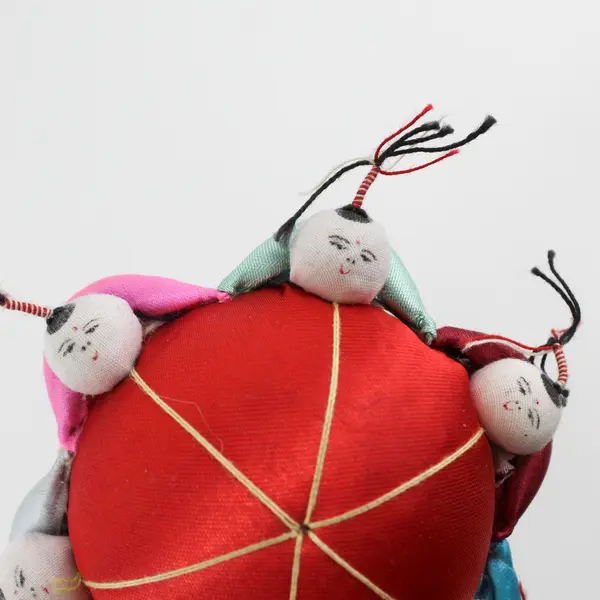 Round Red Chinese Silk Pin Cushion With 6 Children On the Edge 3.5"