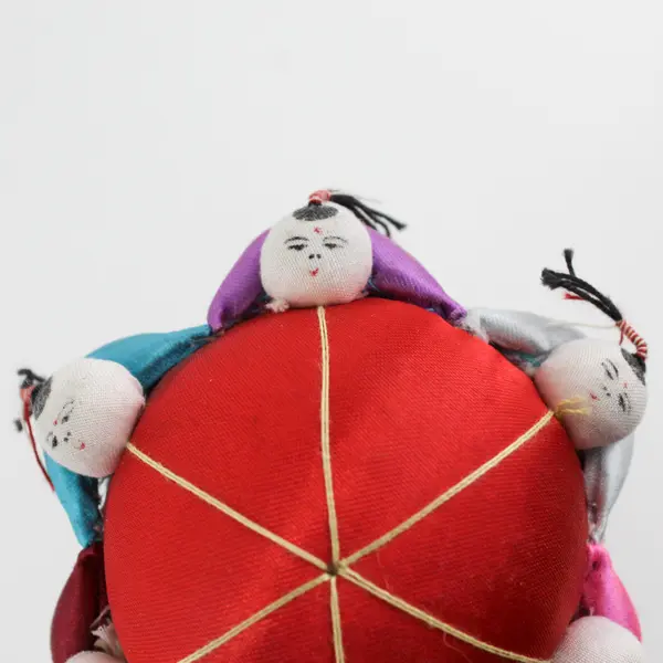 Round Red Chinese Silk Pin Cushion With 6 Children On the Edge 3.5"