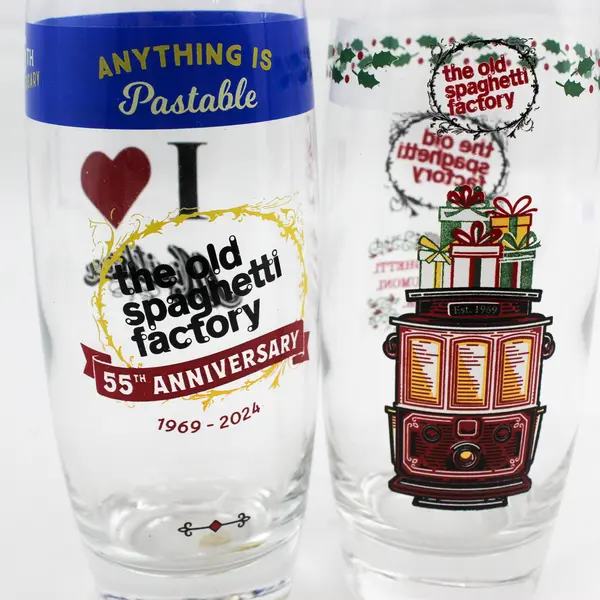 Lot of 2 Old Spaghetti Factory Glasses 55th Anniversary and Trolley