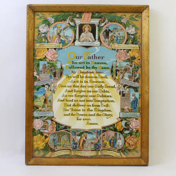 Antique Framed Lord's Prayer & 10 Commandments Lithograph, Wear to Frame/Back