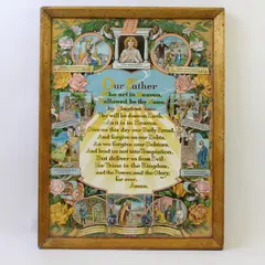 Antique Framed Lord's Prayer & 10 Commandments Lithograph, Wear to Frame/Back
