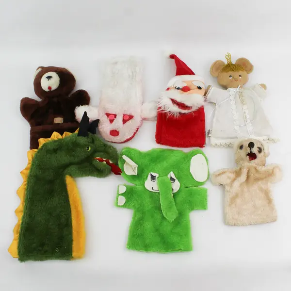 Lot of 7 Vintage 1960s-70s Hand Puppets Animals, People, Dragon