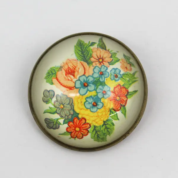 Antique Dome Glass Bridle Rosette Pinback Floral Brooch Pin Flowers Roses Button